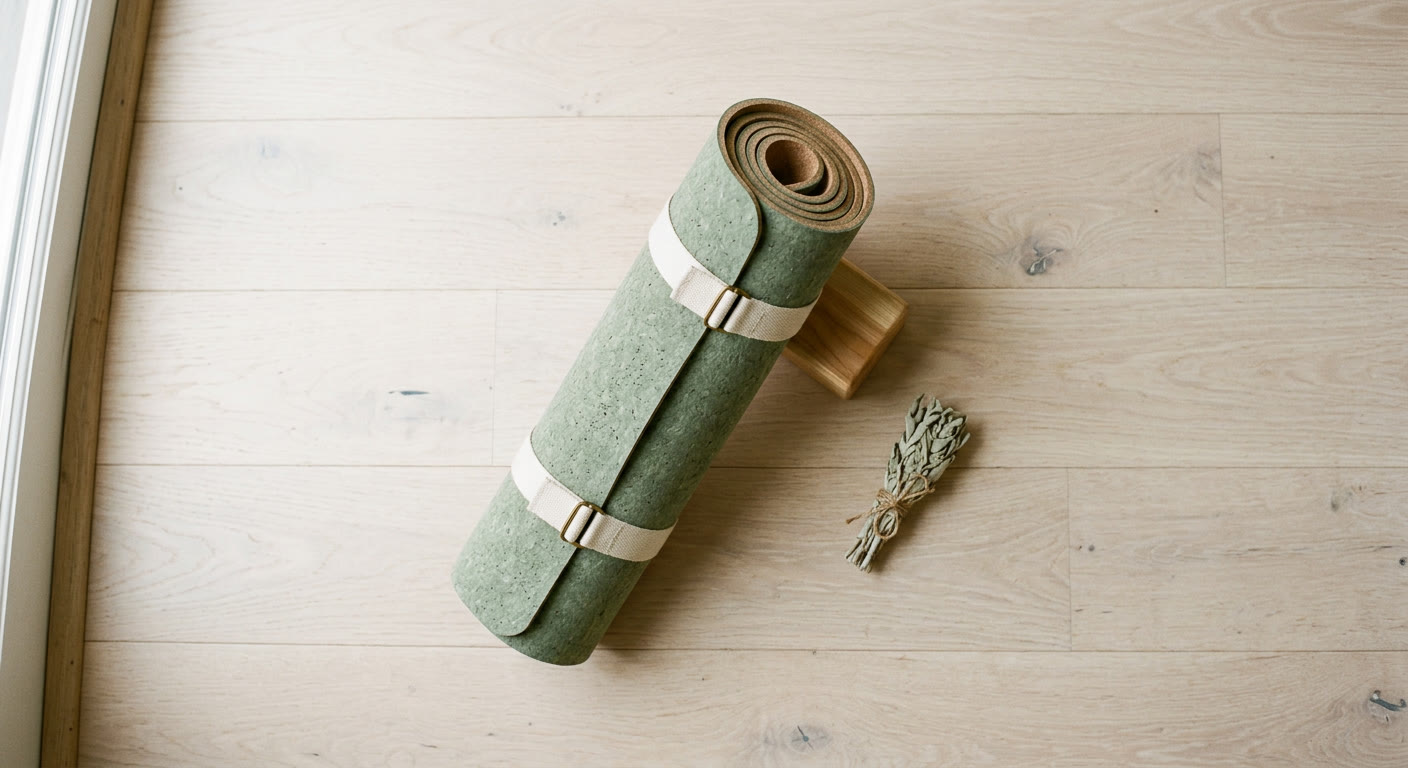 AI-generated product shot of a cork yoga mat